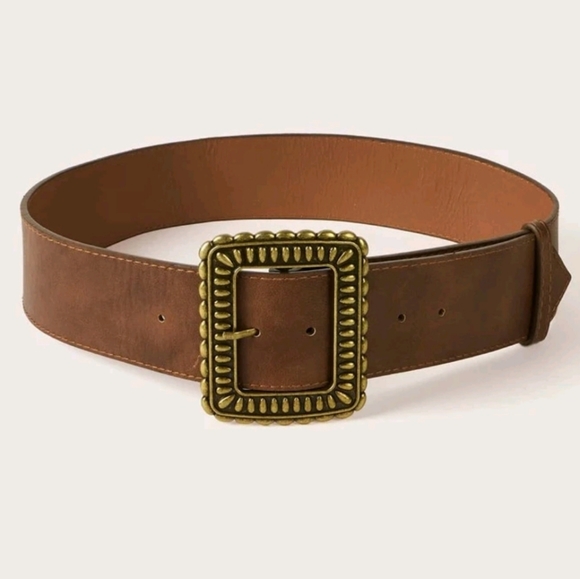 Women's wide brown vegan leather boho chic vintage big bronze buckle waist belt - Picture 8 of 17